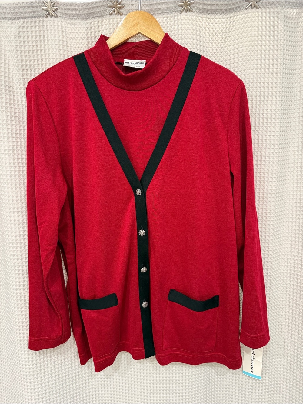 Alfred Dunner Red Mock Neck Cardigan with Black Trim